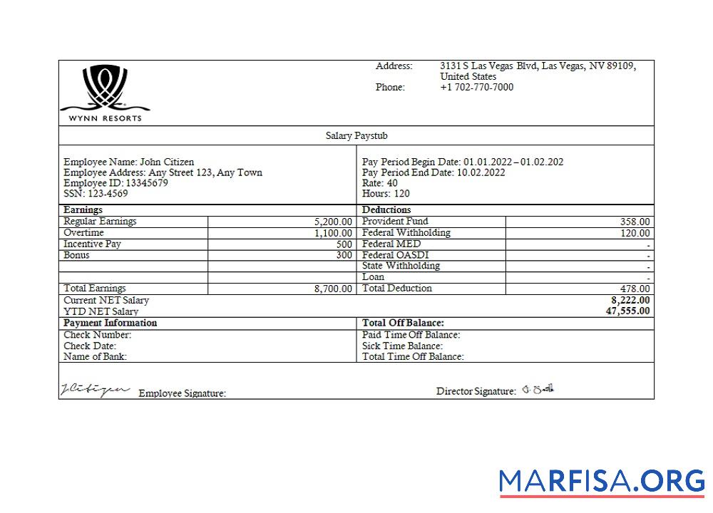 Realistic USA Wynn Resorts hospitality company pay stub example